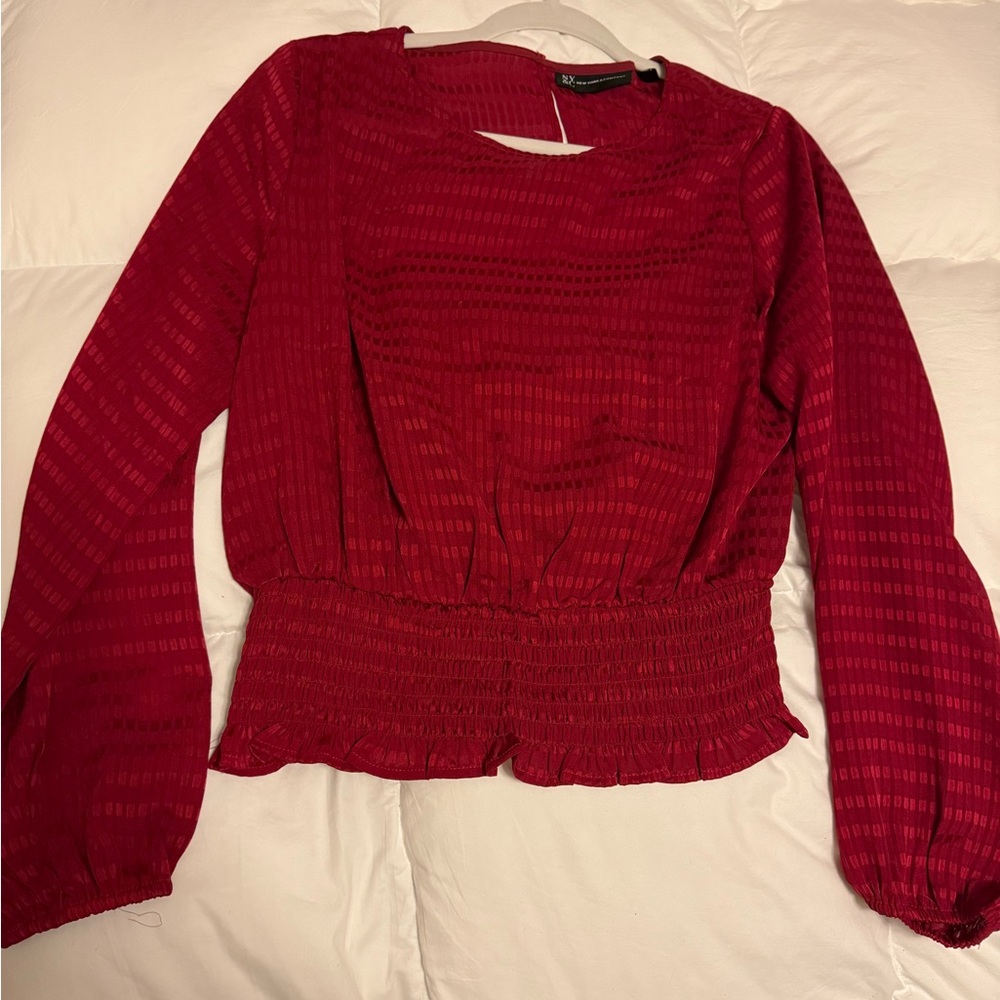 New York & Company Red Puff Sleeve Smocked Blouse